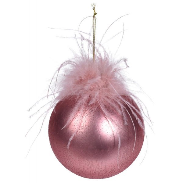Χριστουγεννιάτικη Γυάλινη Μπάλα Ροζ Γυαλιστερή με Πούπουλα (8cm)